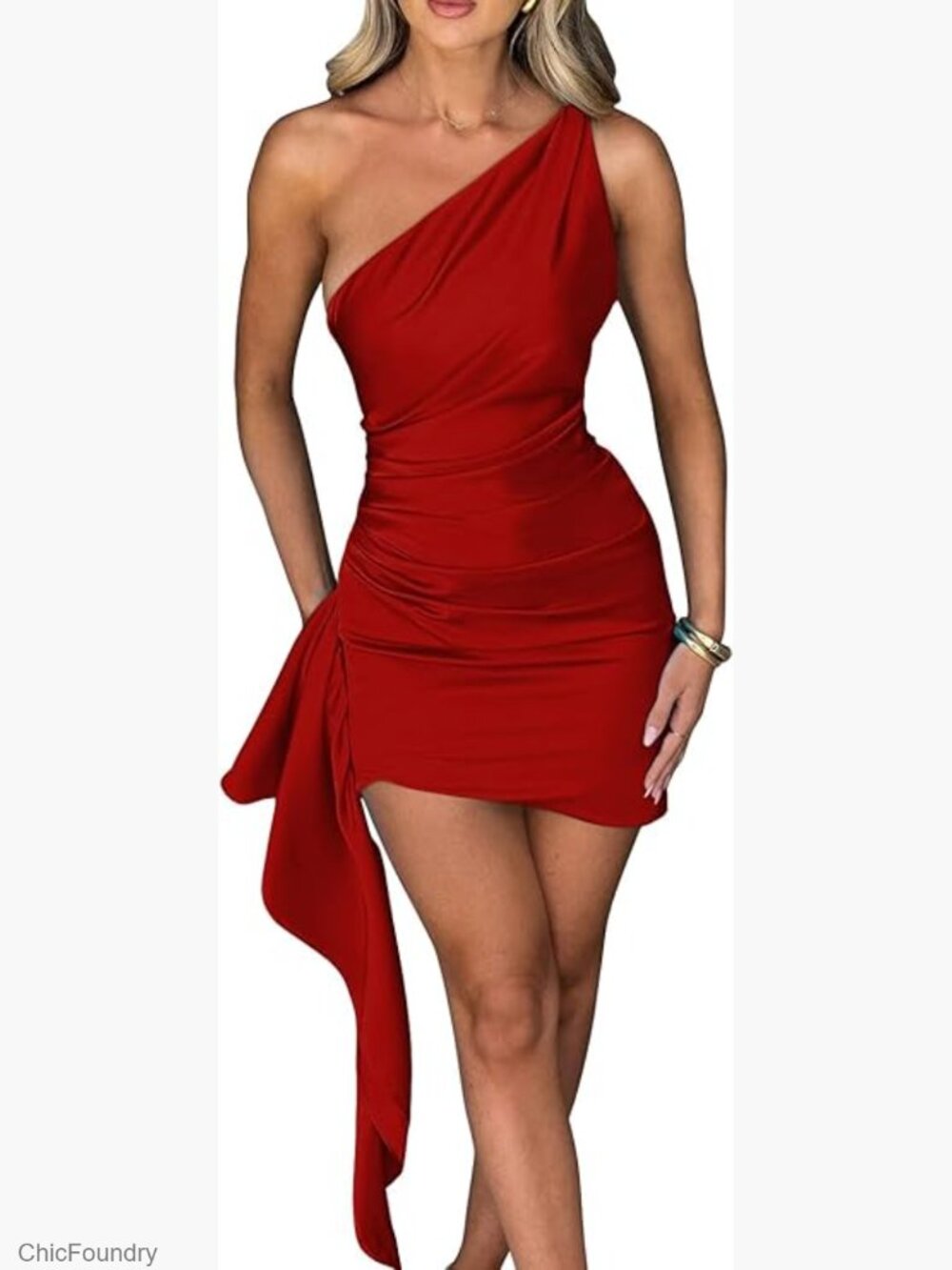 Women's One Shoulder Ruched Bodycon Sleeveless Mini Club Party Dress